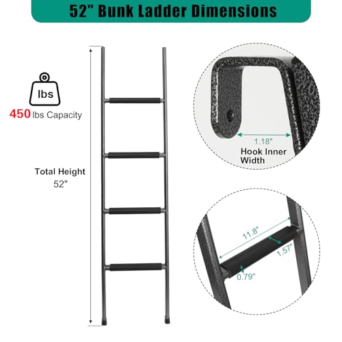 Image of Anti-Slip RV Bunk Ladder, 52in Integrated Heavy Duty Steel, Black | Camper Bunk Bed Ladder with Anti-Slip Rubber Foot Pads and Hooks