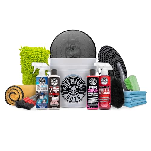 Chemical Guys Car Detailing Kit, Car Cleaning Kit with Total Interior Cleaner & Protectant, Sprayable Wheel Cleaner, Car Wash Soap, Bucket, Brushes, and Detailing Accessories - 17 Piece Wash Kit
