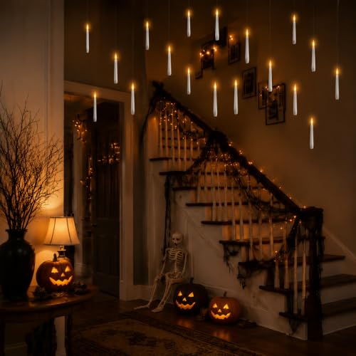 Image of Lezonic Floating Candles with Wand Remote, Set of 12 Christmas Tree Candles, Magic Flameless Candles Battery Operated, Flikering Hanging LED Taper Candlesticks Halloween Xmas Decorations, 0.51 inch x 6.7 inch