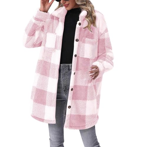 Generisch Chaqueta de peluche para mujer, chaqueta de invierno a cuadros, abrigo de felpa larga para mujer, abrigo vintage, mullida, cálida, holgada, chaqueta con botones y bolsillo, para deporte