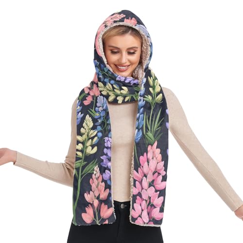 Bonnet d'hiver à capuche femme écharpe et gants anti-courants d'air motif floral lupin