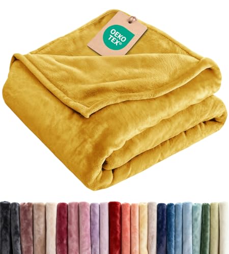 Ultra Soft Fleece Blanket Throw Size - Flannel Fleece Luxury Throw Blanket - Lightweight for Couch Bed Chair - Thick Warm and Breathable - All Season Cozy Fuzzy Anti-Static Microplush Bedding Gold