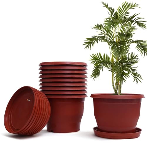 Image of Livzing Plastic Flower Pot with Bottom Tray Set - 12 Inch, 10 Pack, Garden Planters with Drain Holes for Home Plants,Plastic Pots for Indoor and Outdoor Gardening with Drip Tray (Brown)