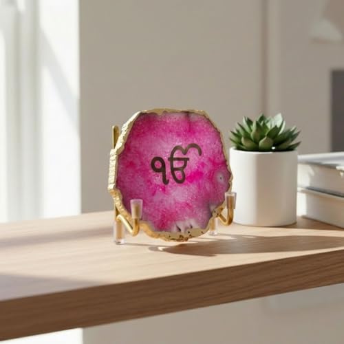 Image of Ik Onkar Metal Holder with Pink Agate, Festive Home Decor Showpiece for Temple, Meditation and Prayer Room, Perfect Decorative Corporate Gift, Housewarming and Spiritual Spaces