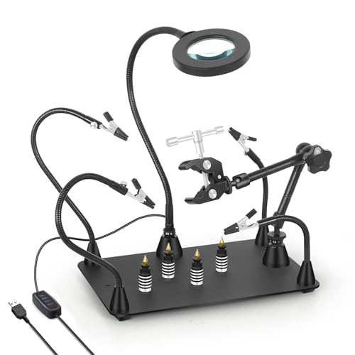 Helping Hands Soldering Circuit Board Holder Magnetic Third Hand Tools with 3X LED Magnifying Lamp, 360 Hot Air Gun Holder, Flexible Metal Arms Heavy Duty Base Electronic Repair Tool Magic Hand