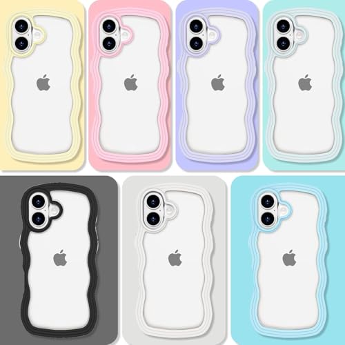 Image of GoldKart iPhone 16 Plus Case Wavy Edge Clear Back Design, Anti-Slip Grip Cute Wave Curly Frame Shape Shockproof Soft TPU & Hard PC Bumper Protective Phone Case Cover for Women Girls - White