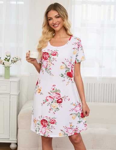 Image of ENJOYNIGHT Womens Cotton Nightgown Short Sleeve Sleepshirt Print Nightshirt | Short-Sleeve Crew Neck, Soft Cotton Fabric, Cartoon Printed Sleep Shirt, Loose Fit