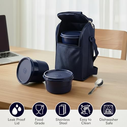 Image of PRESCO Insulated Lunch Box Set (3 Microwave Safe Inner Steel Containers,600 /450 /290ml; with Steel Spoon) with Insulated Fabric Bag, Lunch Box for Office Use, Leak Proof, Tiffin Box for Men