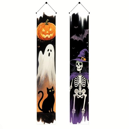 BlissYard Halloween Door Banner 12x71 Inch Porch Hanging Front Door Indoor Outdoor Spooky Decorations Pumpkin Ghost Black Cat Witch Skull Magic Party Vertical Banner
