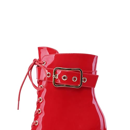 Z.Oufeier Women's Platform High Chunky Heel Combat Goth Ankle Boots Buckles Patent Leather Lace Up Block Heeled Booties4