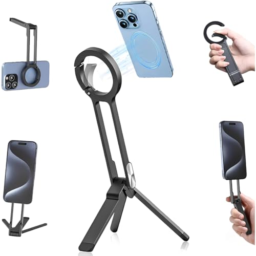 Trépied Magnétique, 3-in-1 Aluminium Mini Selfie Stick Pliable, Force Magnétique 14N, Avec mousqueton, Pocket Tripod Compatible iP 17 16 15 14 13 12 Magsafe Noir