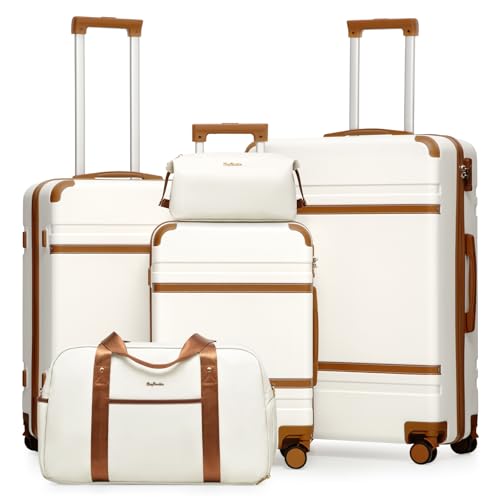 LONG VACATION Luggage Sets 5 Piece Suitcases With Wheels PC+ABS Hardshell Luggage Set with Spinner Wheels TSA Lock (White Brown)