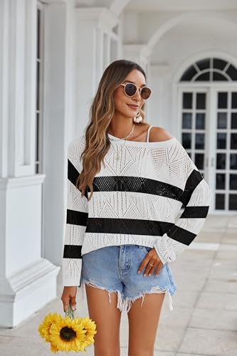 Image of Zeagoo Crochet Tops for Women Off The Shoulder Sweaters Summer Long Sleeve Hollow Out Knit Beach Clothes S-XXL
