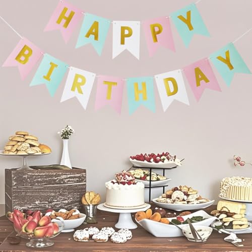 Image of Happy Birthday Banner Birthday Party Supplies Garland Decorations Pink White Light Green Birthday Signs Nursery Hanging Decor (Tricolor)
