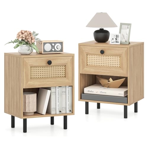 COSTWAY Rattan Bedside Table End Sofa Side Table with Drawer (2 Natural)