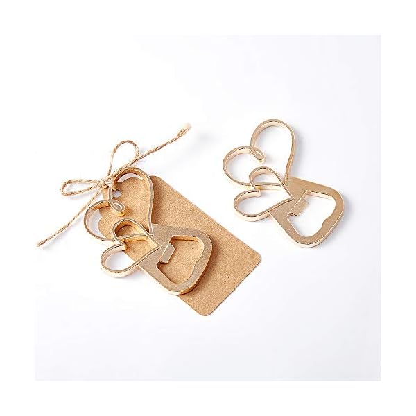 Amajoy 25 abridores de botellas de doble corazón dorado con etiqueta Kraft y bolsa de favores de boda regalo para… - Imagen 5
