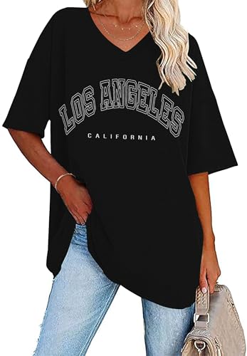 WNEEDU Women Summer T Shirts V Neck Loose Casual Ladies Plus Size Tops Short Sleeve Tee Black Los Angeles 3XL