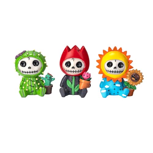 Botega Exclusive Furrybones Skeleton Figurine Set- Cactus Tulip & Sunflower Flower Theme Cute Gothic Collectible Decor Hand-Painted Resin 3-Piece Set