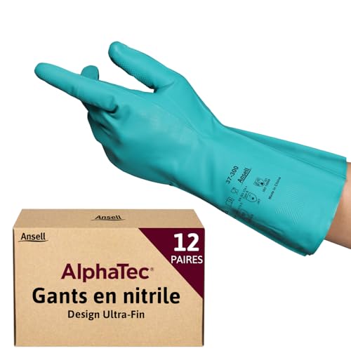 Ansell AlphaTec 37-300 Gants de Travail en Nitrile, Longs et Réutilisables, Résistance Chimique et Contact Alimentaire, Protection Professionnelle Multiusage, Vert, Taille L (12 Paires)
