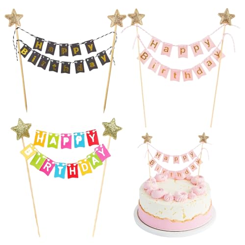 Sekfpnk 3 Stück Happy Birthday Tortendeko, Kuchendeko für Geburtstag für Partys, Babypartys, Hochzeiten, Geburtstage