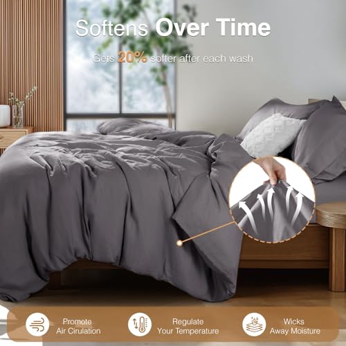 SONORO KATE 100% French Linen Duvet Cover Queen Size, Soft Breathable for Hot Sleepers, Moisture Wicking & Durable Cover Set - Zipper Closure & 4 Corner Ties Duvet Covers 3 Piece (Dark Grey,Queen)