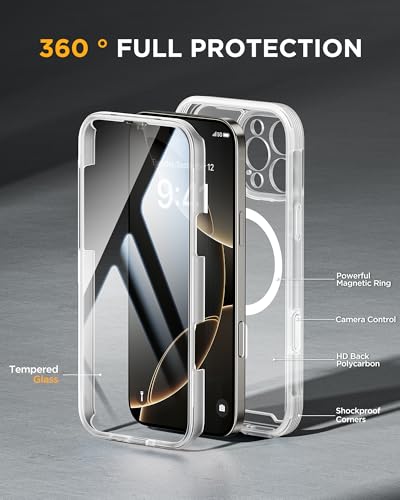 Image of Miracase Magnetic for iPhone 16 Pro Case Full-Body Phone with Built-in Glass Screen Protector, [Compatible with MagSafe] Military Drop Proof 16 Pro Cover Bumper 6.3 inch, Matte Clear