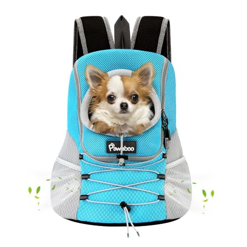 Pawaboo Pet Dog Carrier Rucksack, Puppy Dog Travel Carrier Front Pack for Small Medium Dogs Cats, Adjustable Breathable Dogs Carrying Backpack with Safety Strips for Hiking Travel Outdoor, Blue M