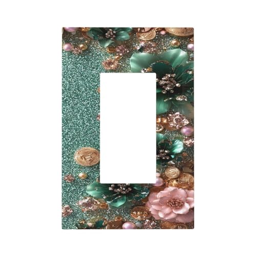 Decorative Outlet Covers Bling Green Rose Flowers Crystal Rhinestone Glitter 1 Gang Single Decora GFCI Device Light Switch Covers Plate 1 Rocker Wall Plate Jumbo Faceplate
