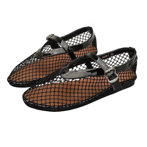 ChaiRong Zhou Women Summer Ventilate Mesh Mary Jane Flats Fishnet Ballerina Flats Buckle Strap Causal Dress Shoes