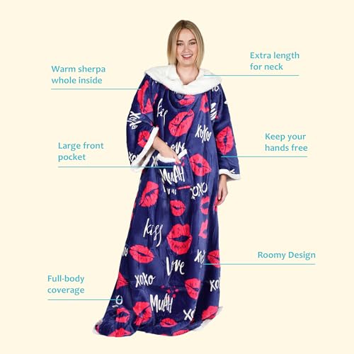 Image of Catalonia Sherpa Wearable Blanket with Sleeves and Pocket for Adults