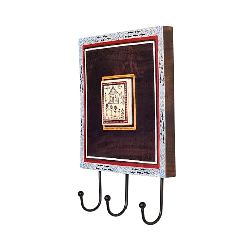 Image of AAKRITI ART CREATIONS Warli Art Wooden Towel Holder | Nira Bath Towel Hanger with Three Hooks | Handcrafted Bathroom Towel Hanger with Metal Art | Matte Finish Brown Wall Mounted Towel Holder