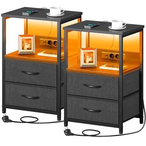 Seventable Table de Chevet avec Prise USB et 2 tiroirs - Table de Nuit connectée avec éclairage LED pour Chambre à Coucher, Salon ou canapé (1, Noir)