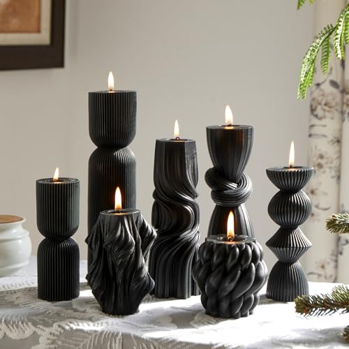 7-Pack Pillar Candles - Soy Wax Handmade Ribbed Candles for Home Decor Housewarming Gift Shelf & Table Decor - Aesthetic Modern Candles Set (Black)