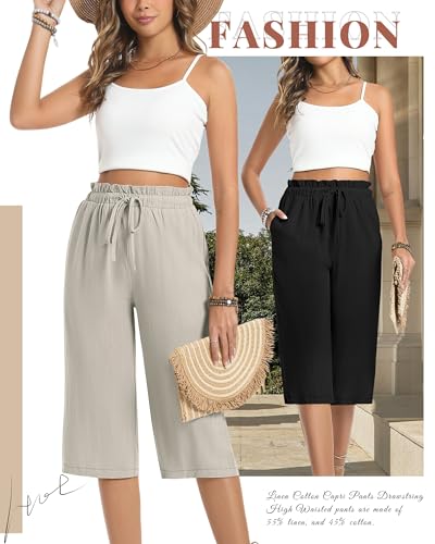 2 Pack Women's Wide Leg Linen Capri Pants Casual Cotton High Waist Cropped Palazzo Summer Trousers with Pockets(Black, Oatmeal,Small)4