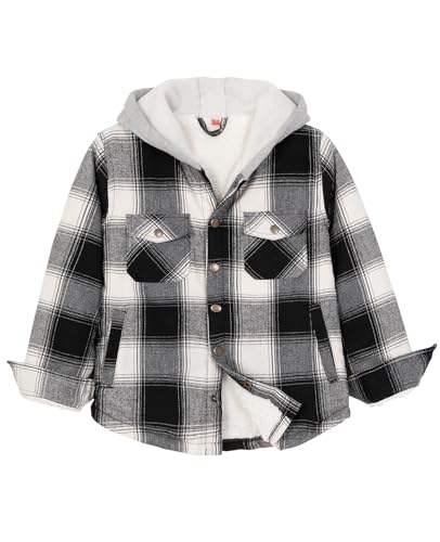 ZENTHACE Kids Boys Girls Sherpa Lined Flannel Shacket Jacket,Hooded Plaid Snap Shirt,Fall Winter Playwear