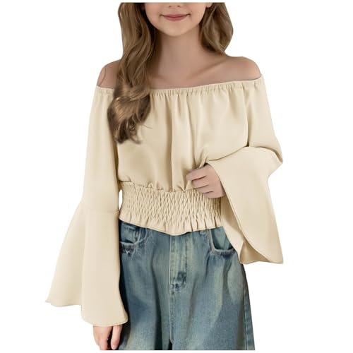 Girls Off Shoulder Tops Bell Long Sleeve T-Shirts Summer Soild Color Casual Smocked Tunic Shirts