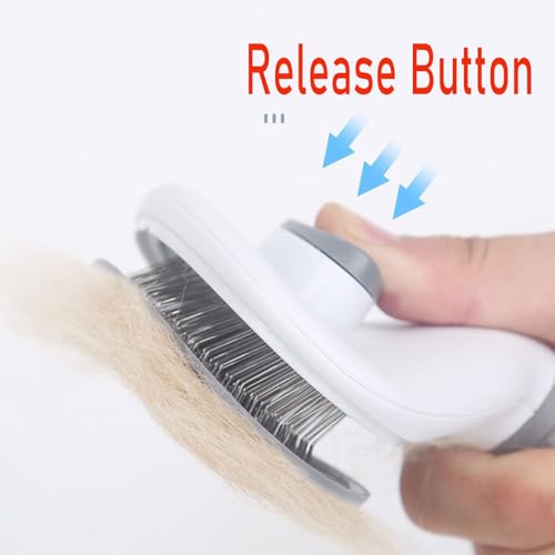 Image of Cat Brush with Release Button, For Indoor Cat Hair Removal, Self Cleaning Cat Comb Hair Brush for Indoor Cats, Pet Supplies Hair Remover Tool (White-Blue)