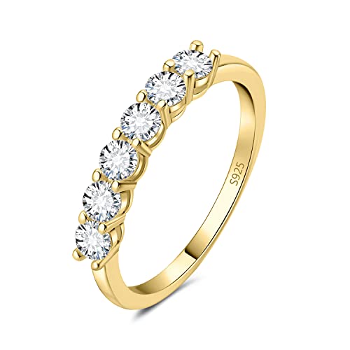 JewelryPalace 6 Stone Cubic Zirconia Half Eternity Stackable Wedding Rings for Women, 14K Yellow...
