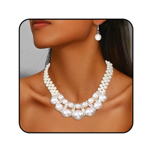 Sixexey Pearl Necklace and Earrings White Pearl Jewelry Set Wedding Bridal Necklace Jewelry Accessories for Women