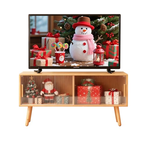 Baveke Bamboo TV Stand for TVs up to 50 Inches, Entertainment Center with 2 Sliding Acrylic Doors for Gaming Console, Modern Accent TV Console Cabinet for Living Room Bedroom (39.4)