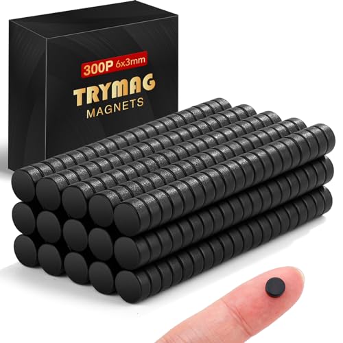 TRYMAG Black Small Refrigerator Magnets, 6x3mm Round Rare Earth 300Pcs Multi-Use Tiny Neodymium Fridge Magnets, Premium Cylinder Office Magnets for Whiteboard, Crafts, School