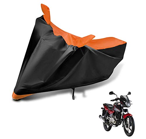 Image of Auto Hub Bike Cover Compatible with Bajaj Pulsar 180 with Mirror Pocket, Dustproof, Heat Resistant, Triple Stitched, Pulsar 180 Bike Cover- Black, Orange