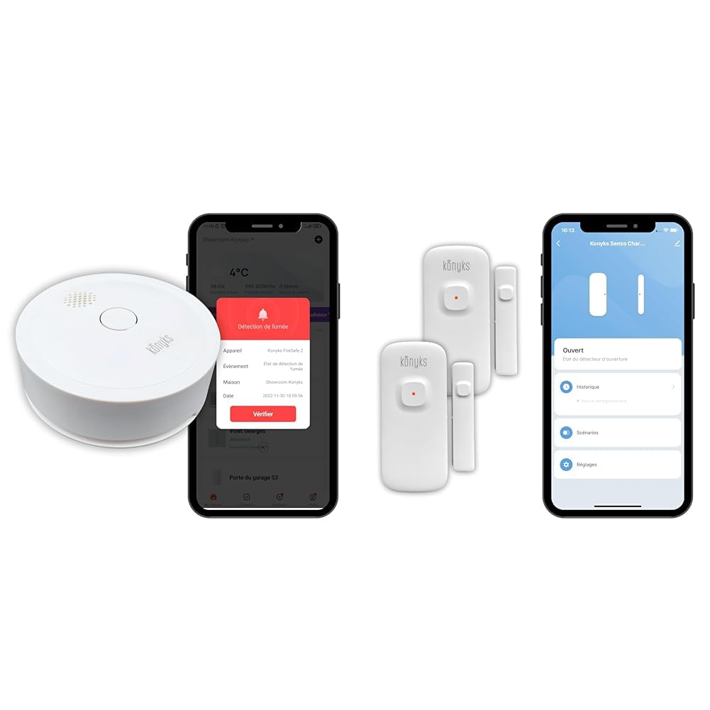 Détecteur de fumée connecté Wi-FI, Konyks Firesafe 2, Notifications en Temps réel sur Smartphone & Senso Charge 2, Lot de 2 Détecteurs d'ouverture Wi-FI avec Batterie Rechargeable