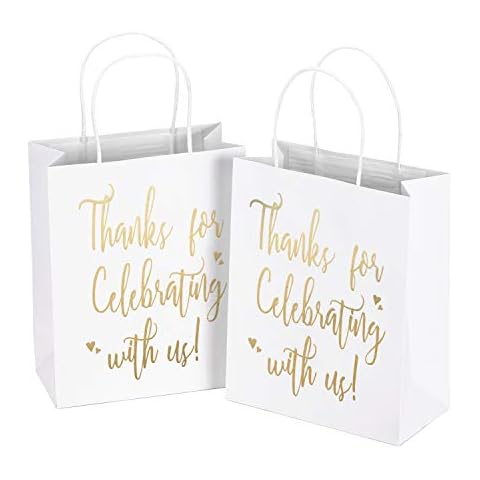 LaRibbons Medium Size Gift Bags - Gold Foil"Thanks for celebrating with us" White Paper Bags with Handles for Wedding, Birthday, Baby Shower, Party Favors - 25 Pack - 8" x 4" x 10" Cover