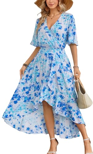 Image of Kormei Women Short Sleeve V Neck Floral High Low Flowy Summer Party Long Maxi Dress