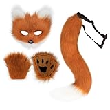 Faux Fur Fox Tail Cat Wolf Cosplay Costume Set Plush Mask Fluffy Paw Gloves Halloween Christmas Party for Girls Women
