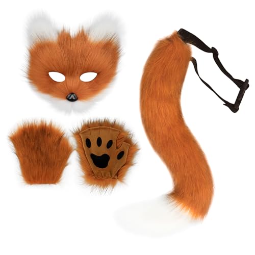 Adolala Faux Fur Fox Tail Cat Wolf Set Plush Mask Fluffy Paw Gloves Halloween Christmas Party for Women