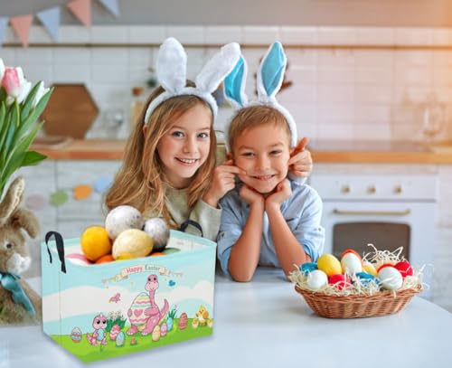 Image of Rectangular Easter Dinosaur Basket,Dinosaur Basket.Cute Baskets for Room Decor, Kids Baskets with Handles.Books Bins,Gifts Box. (Cute dinosaur)