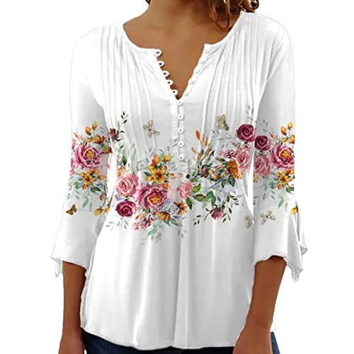 Blusa Feminina Com Decote Em V, Manga 3/4 Apertada na Cintura Elegante Blusa Feminina Com Botões Man