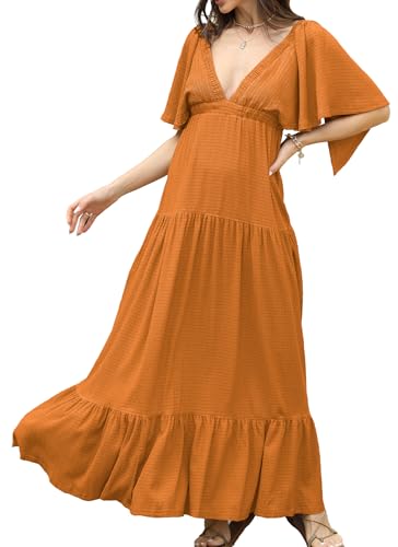 Image of Kikibell Women Summer Dresses Sexy V-Neck Maxi Dress Tiered Silhouette with Flutter Sleeve Backless Elastic Waist Flowy Dress